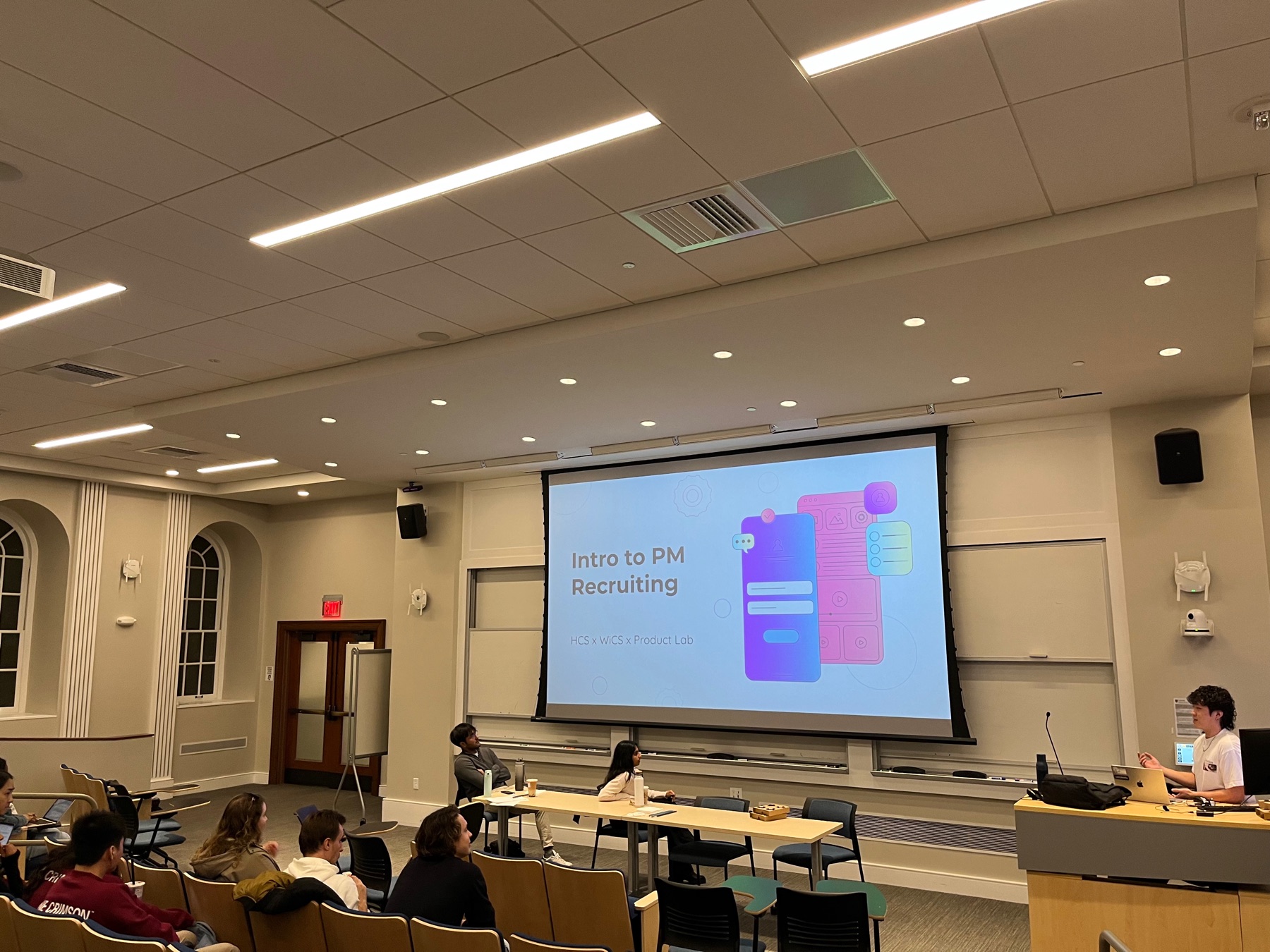 An HCS speaker presenting an introduction to product management recruiting